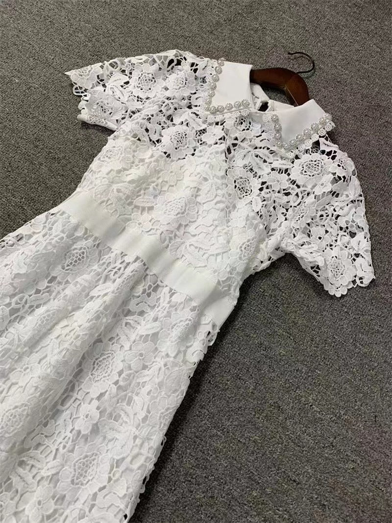 Vintage Embroidery Lace Hollow Out White Color Dress
