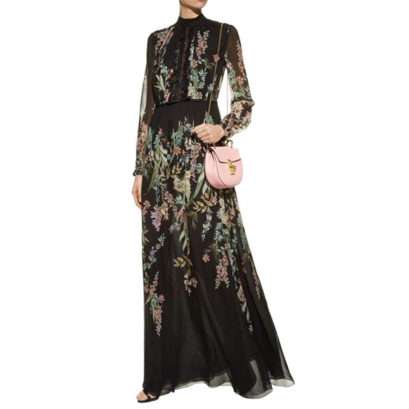 Vintage O-neck Long Sleeve Black Floral Print Maxi Dress