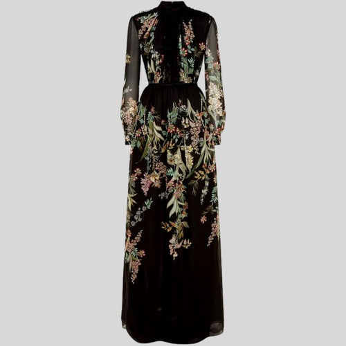 Vintage O-neck Long Sleeve Black Floral Print Maxi Dress