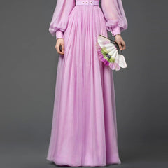 Vintage Purple Lantern Sleeve Pleated Elegant Draped Maxi Dress