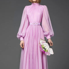 Vintage Purple Lantern Sleeve Pleated Elegant Draped Maxi Dress