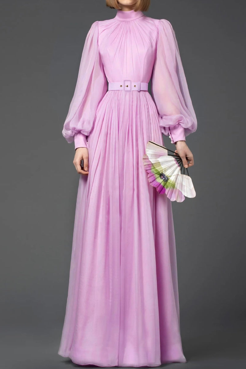 Vintage Purple Lantern Sleeve Pleated Elegant Draped Maxi Dress