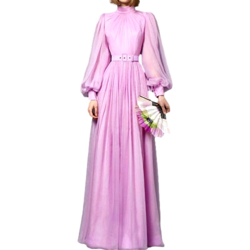 Vintage Purple Lantern Sleeve Pleated Elegant Draped Maxi Dress