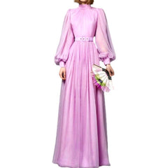 Vintage Purple Lantern Sleeve Pleated Elegant Draped Maxi Dress