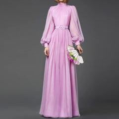 Vintage Purple Lantern Sleeve Pleated Elegant Draped Maxi Dress