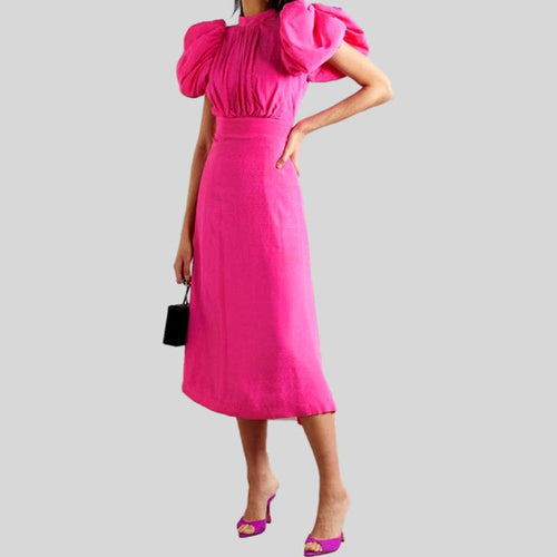 Vintage Solid Lace Up Stand Collar Puff Short Sleeve High Waist Backless Midi Dress
