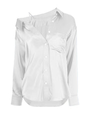 Casual Plain Shirt Lapel Off One Shoulder Patchwork Pockets Single Breasted Shirt