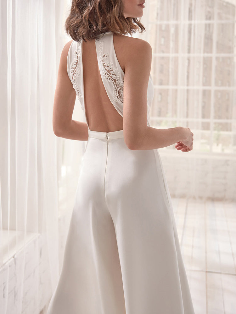 Casual White Halter V Neck Sleeveless Cut Out High Waist Loose Long Wide Leg Jumpsuit