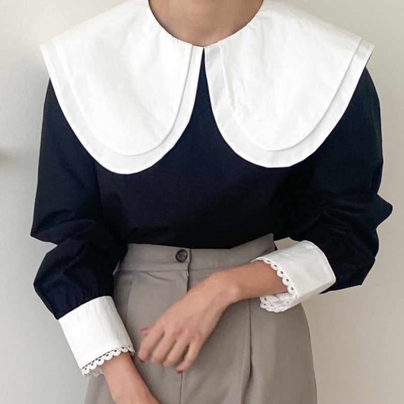 Elegant Hit Color Patchwork Blouse Chic Collar Puff Sleeve Shirts