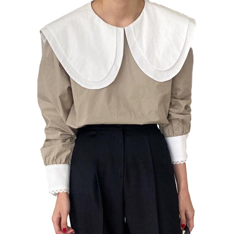 Elegant Hit Color Patchwork Blouse Chic Collar Puff Sleeve Shirts