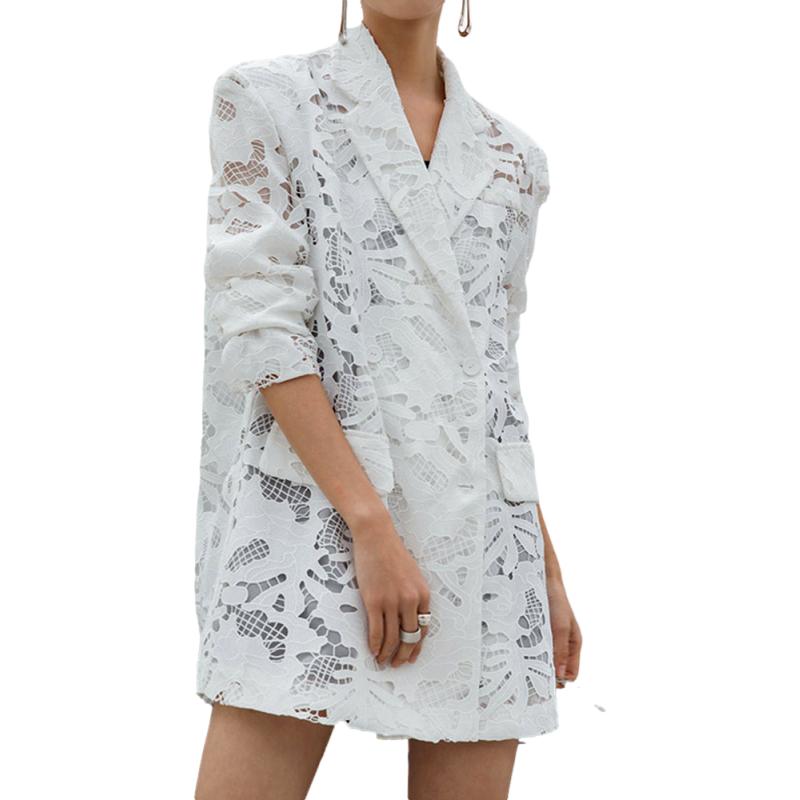 Notched Lace Hollow Out Single Breasted Long Sleeve Suit Jacket