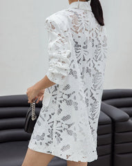 Notched Lace Hollow Out Single Breasted Long Sleeve Suit Jacket