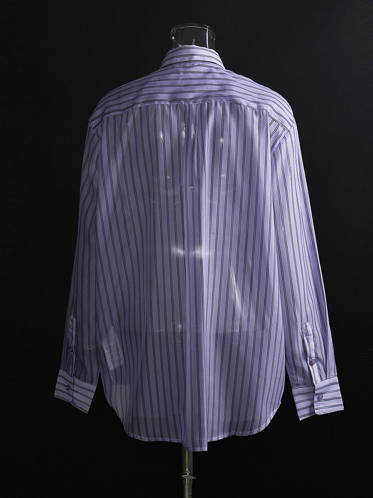 Asymmetrical Shirt New Lapel Long Sleeve  Single Breasted Pleated Striped Blouse