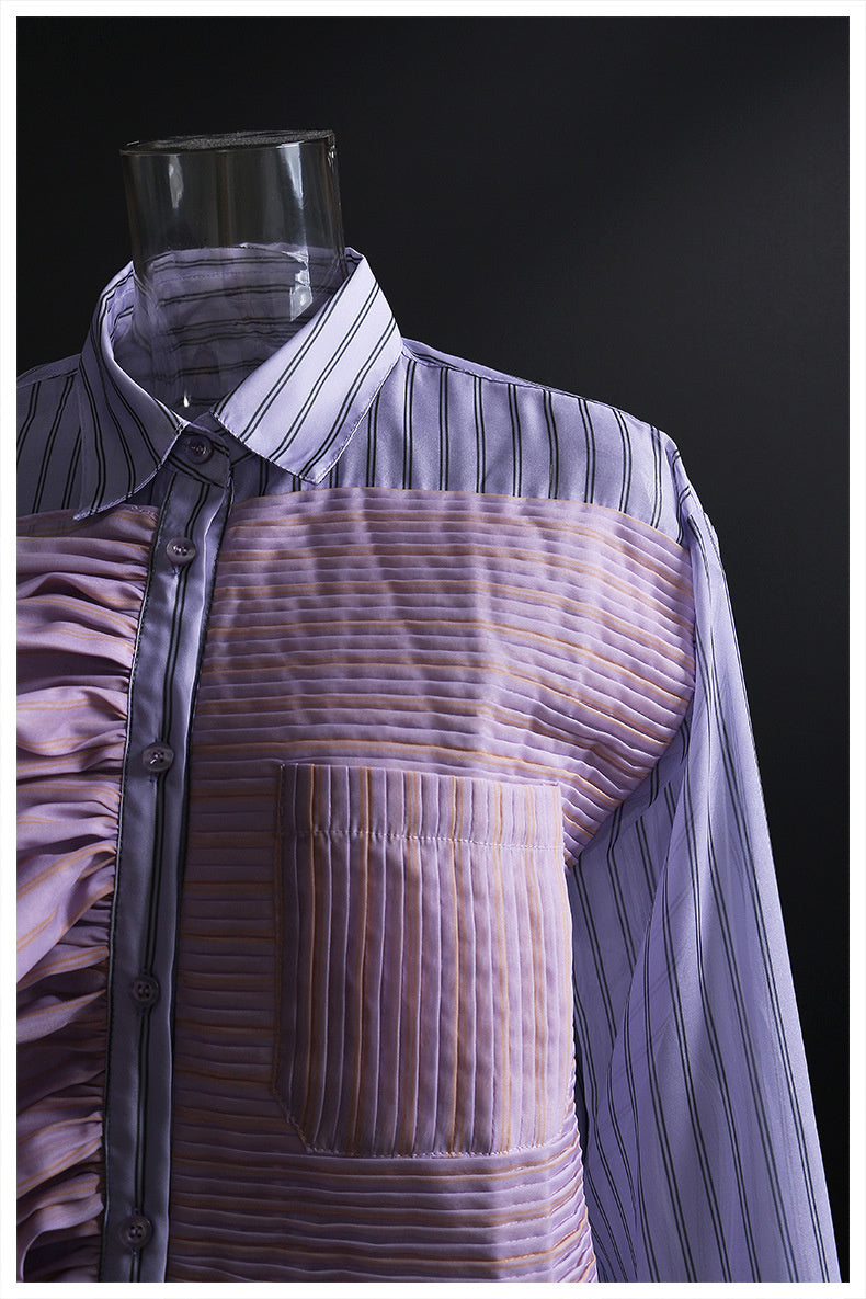 Asymmetrical Shirt New Lapel Long Sleeve  Single Breasted Pleated Striped Blouse