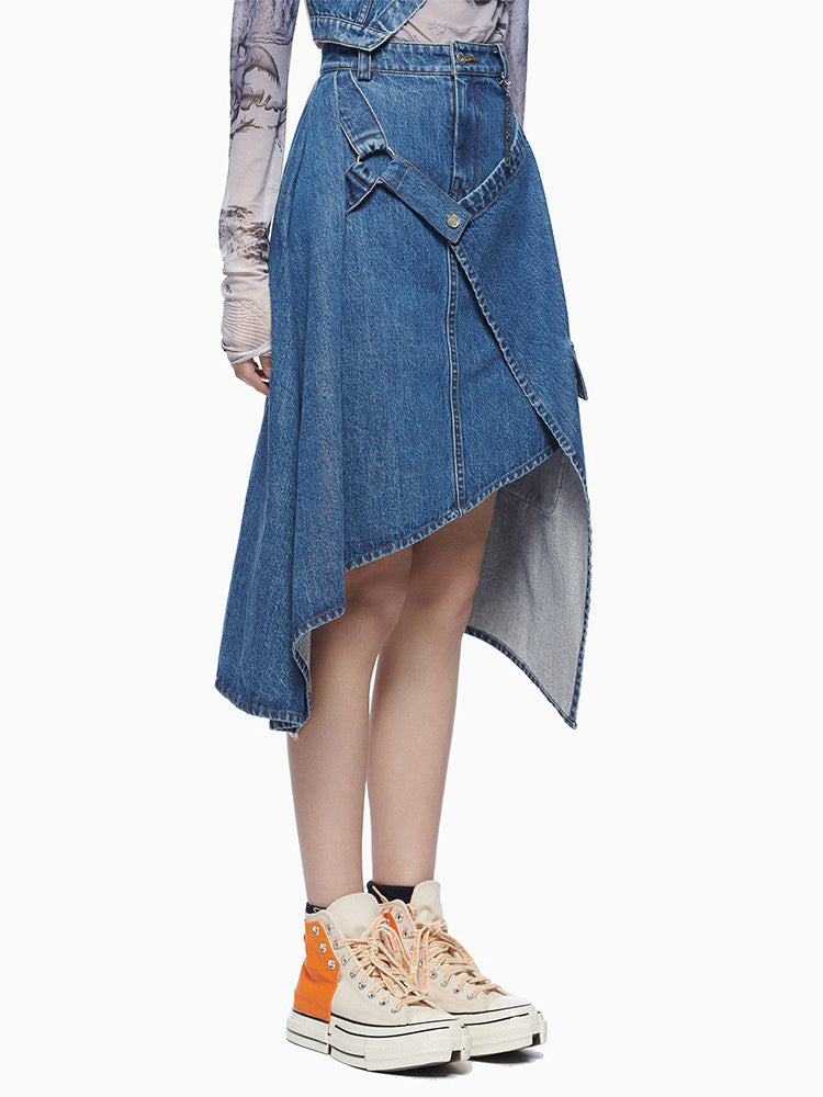 Irregular Denim  High Waist Patchwork Pockets Midi Asymmetrical Skirt