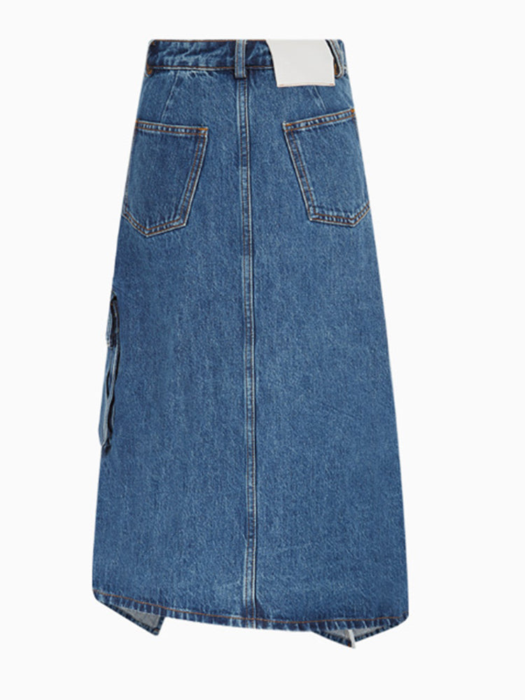 Irregular Denim  High Waist Patchwork Pockets Midi Asymmetrical Skirt