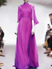 Runway Long Flare Sleeve High Waist Draped Big Swing Solid Print Dress