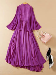 Runway Long Flare Sleeve High Waist Draped Big Swing Solid Print Dress