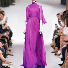 Runway Long Flare Sleeve High Waist Draped Big Swing Solid Print Dress