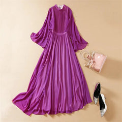 Runway Long Flare Sleeve High Waist Draped Big Swing Solid Print Dress