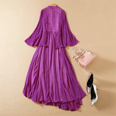 Runway Long Flare Sleeve High Waist Draped Big Swing Solid Print Dress