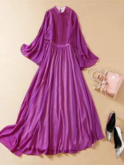Runway Long Flare Sleeve High Waist Draped Big Swing Solid Print Dress