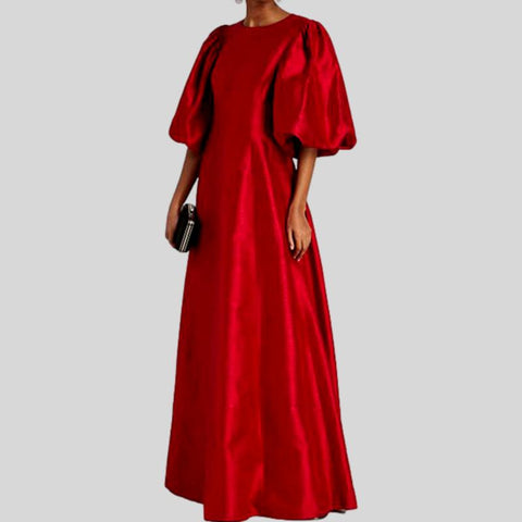 Runway  Vintage V-neck Lantern Sleeve Red Long Dress