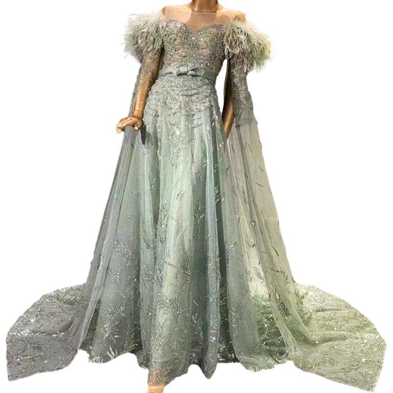 Green Capes Sleeves Luxury Feather Evening Dresses Gowns