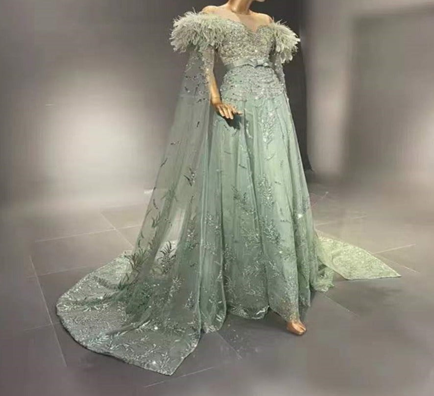 Green Capes Sleeves Luxury Feather Evening Dresses Gowns