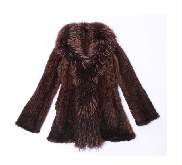 Genuine Knitted Mink Fur Coat Raccoon Fur Collar - Knot Bene