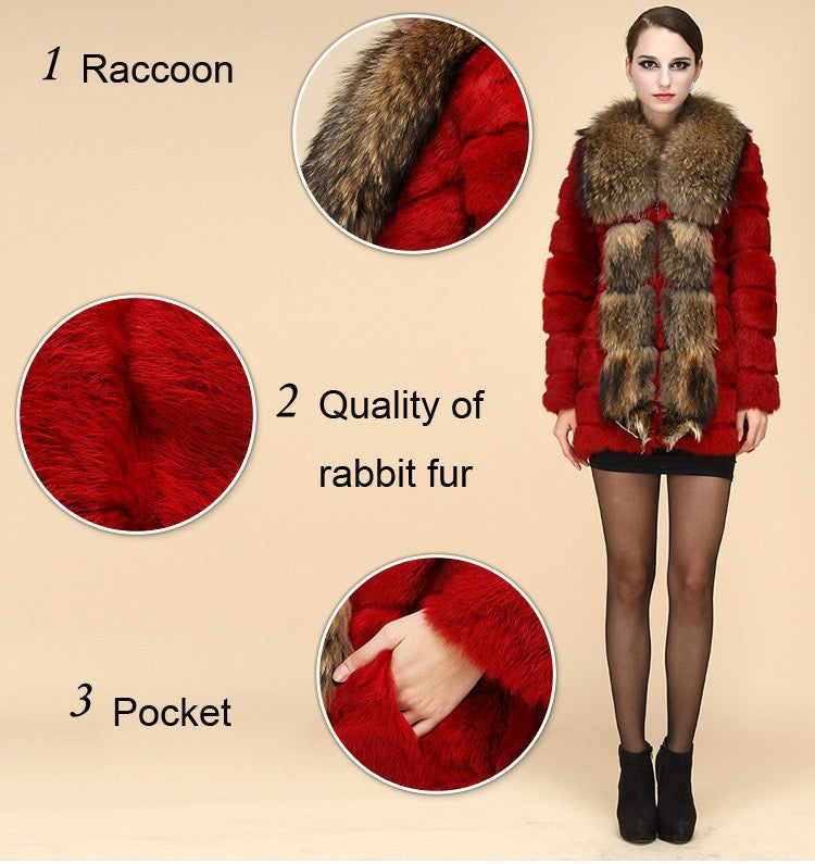 Genuine  rabbit Fur Coat with big raccoon fur collar - Knot Bene