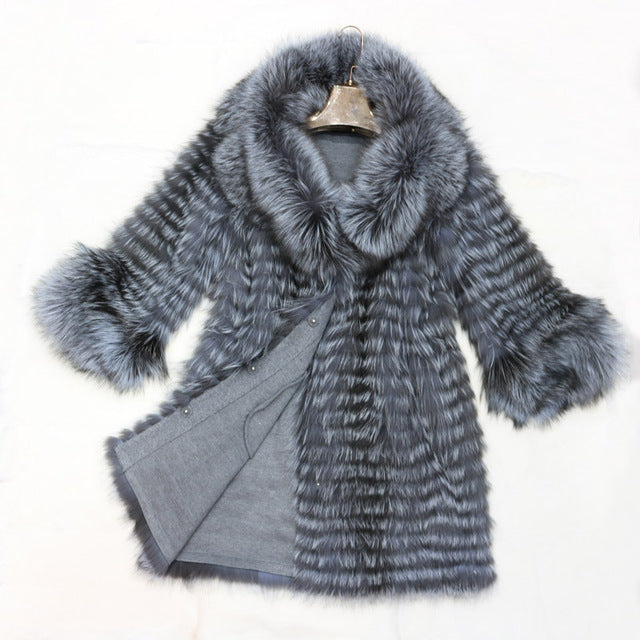 Thick  Natural Silver Fox Fur Coat
