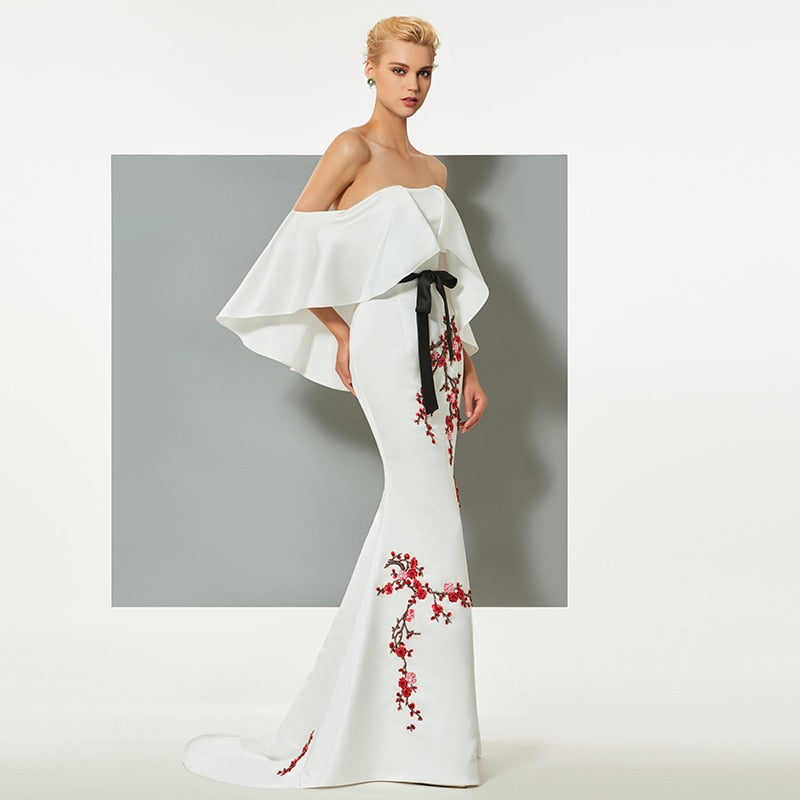 white evening mermaid strapless sweep train embroidery ruffles beading  dress