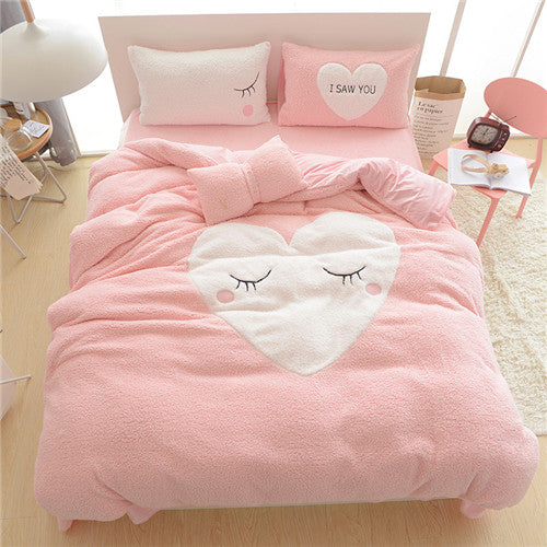 Pink Heart-Shaped Design Bedding Set Winter Warm Bed - Knot Bene
