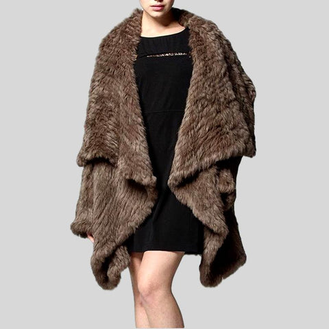 Wool  Rabbit Fur Collar Tweed Chinchilla Print Stand Collar Coat