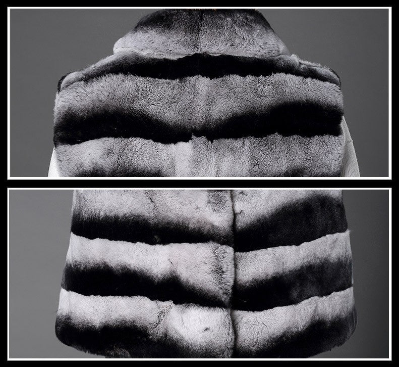 Real Rex Rabbit Fur Chinchilla Color Turn-down Collar Natural Fur Vest