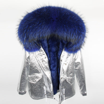 Silver Genuine Raccoon Fur Collar Hooded Jacket