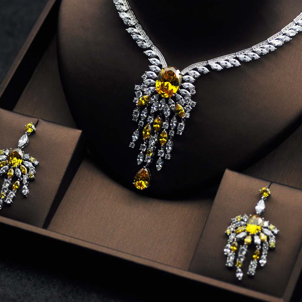 Yellow Rhinestone High Quality Big Flower Shape Bridal Jewelry Set