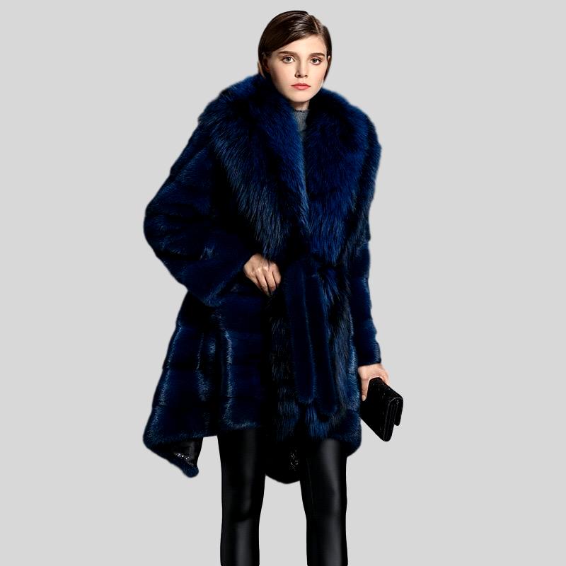 Genuine Mink  Fox Fur Collar Elegant Blue Fur Coat - Knot Bene