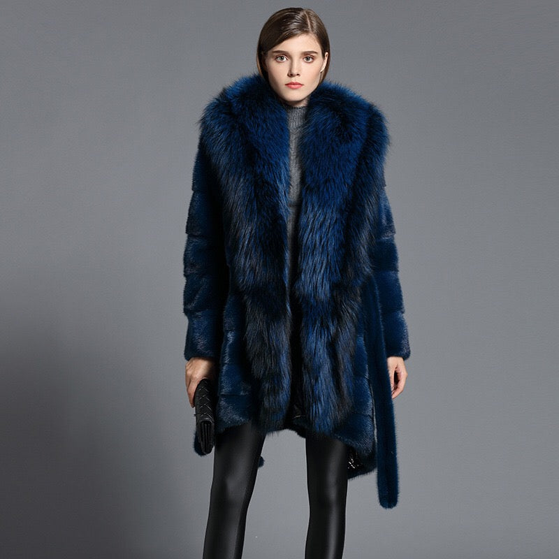 Genuine Mink  Fox Fur Collar Elegant Blue Fur Coat - Knot Bene