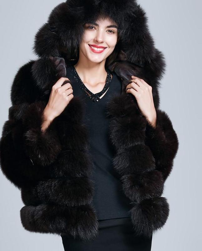 Hooded Natural Blue Fox Fur Thick Coat