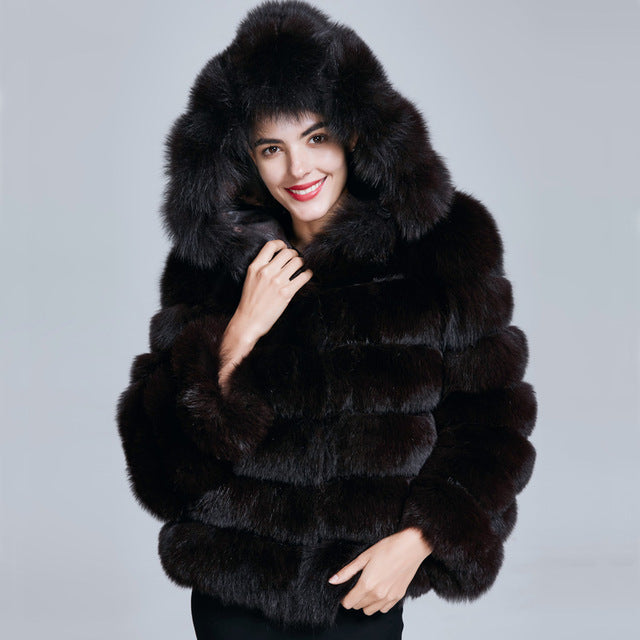 Hooded Natural Blue Fox Fur Thick Coat