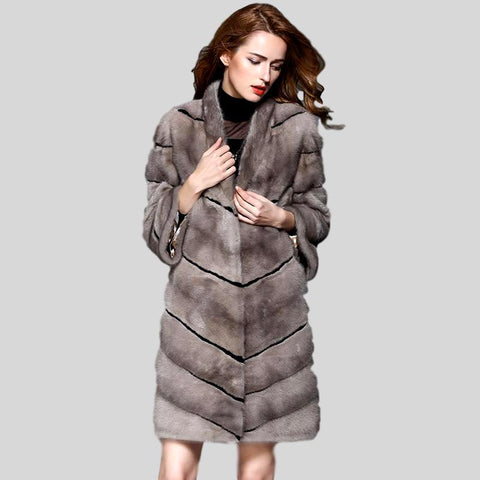 Long  Real Mink Fur Lapel Collar Fur Belt Coat