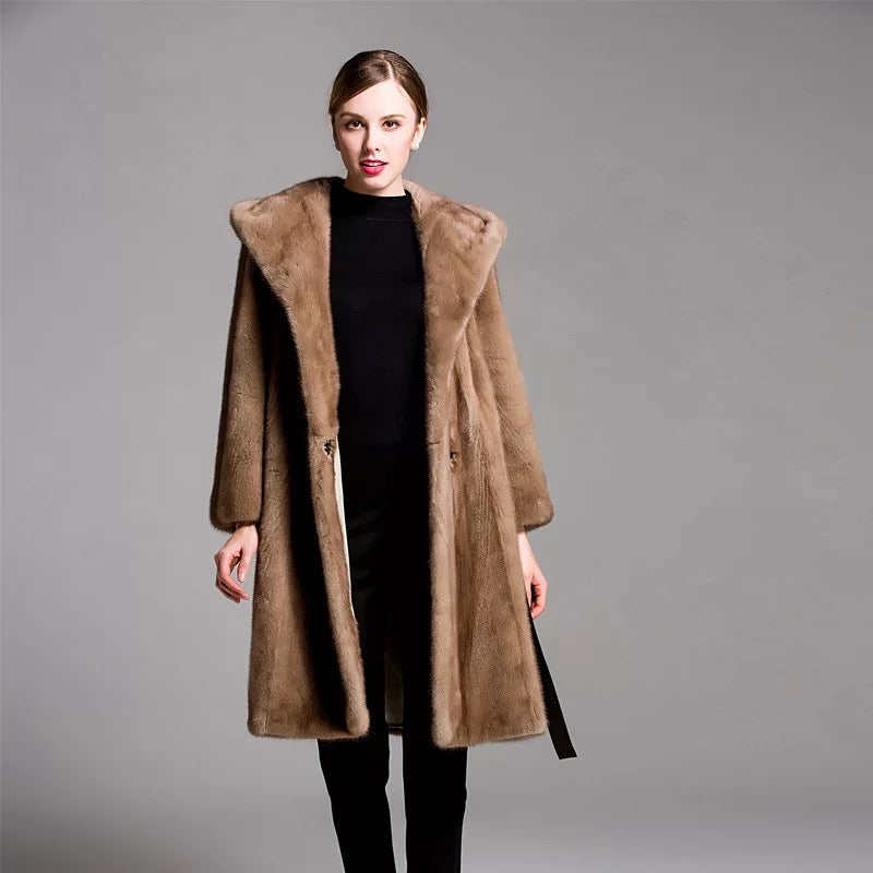 Genuine Mink Long Style with Leather Belt  Fur Coat - Knot Bene