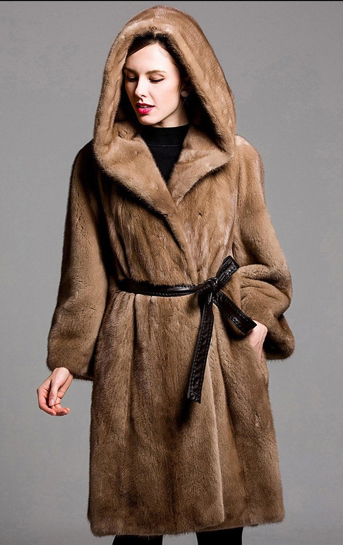 Genuine Mink Long Style with Leather Belt  Fur Coat - Knot Bene