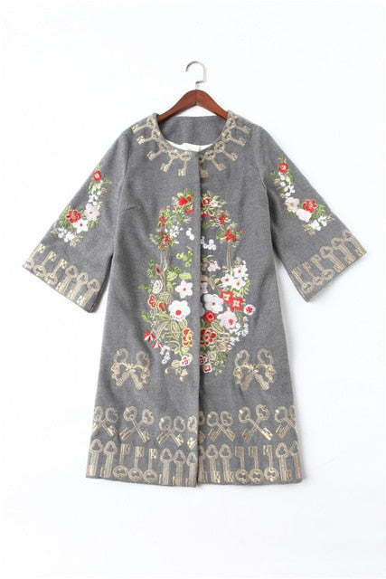 Embroidery Woolen Elegant Plus Size Loose Trench