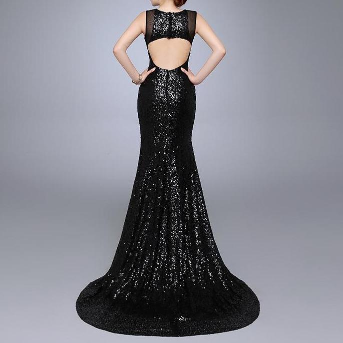 Mermaid O Neck With Straps Backless Sequins Evening Long Dress