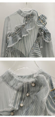 Casual Stripe Patchwork Long Sleeve Off Shoulder Ruffle Top