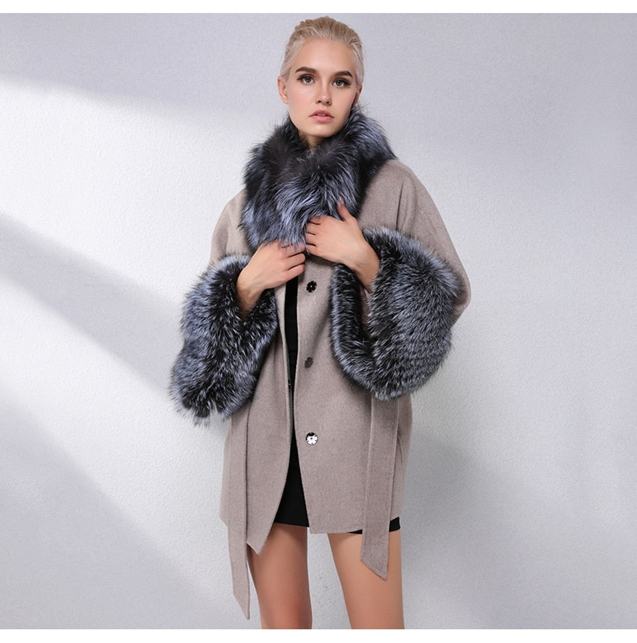Cashmere With Natural Real Fox Fur Coat