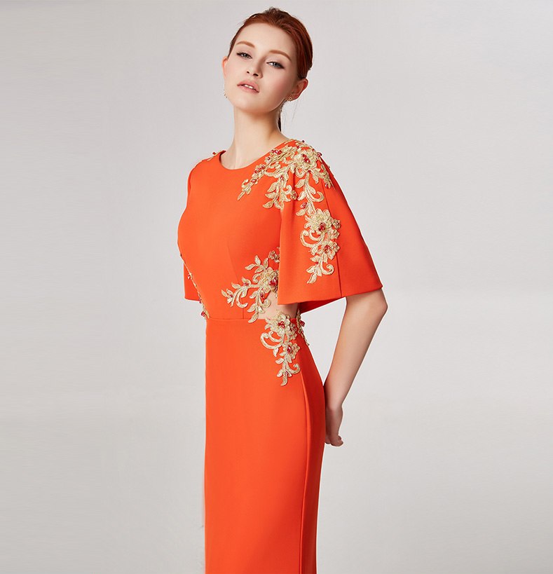 Flowers Gold Wire Embroidery  Backless Short Sleeve Floor-Length Dress